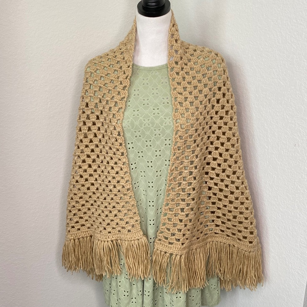 Handmade Crochet Shawl Wrap‎ Tan Fringe Boho Granny Square Open Knit 65x25